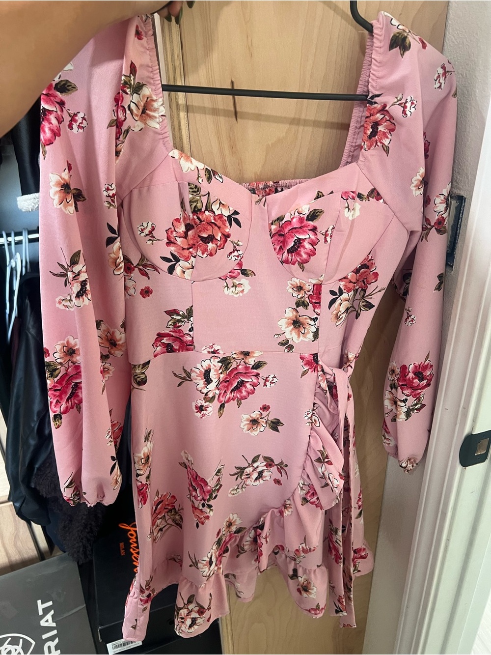 Blush Pink Floral Long-Sleeve Wrap Mini Dress